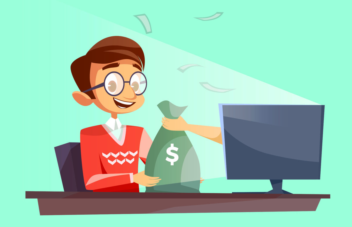 Teenager internet vector cartoon flat cartoon illustration of young boy giving or winning money bag from computer